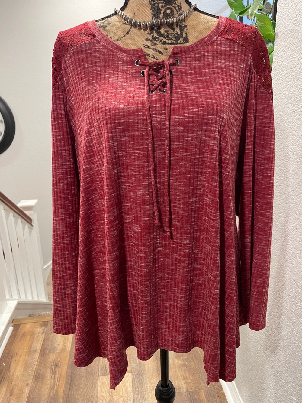 Style & Co. Lace-Up Long Sleeve Tunic Top - Red